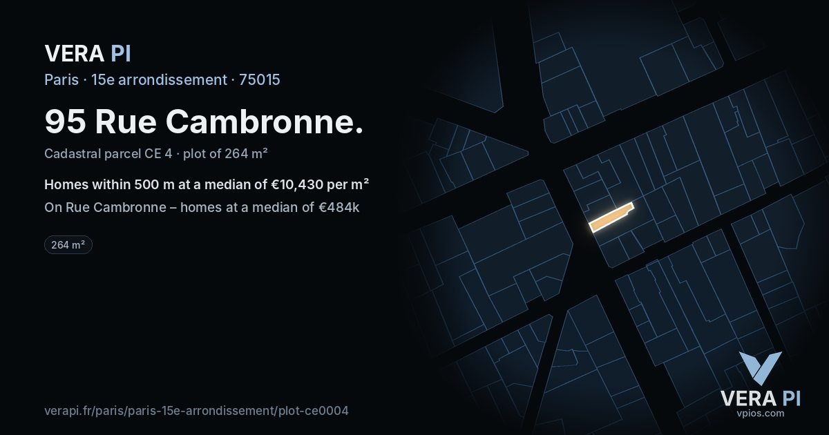95 Rue Cambronne, 15e arrondissement at night – the plot lit, the parcels around coloured by the prices near them
