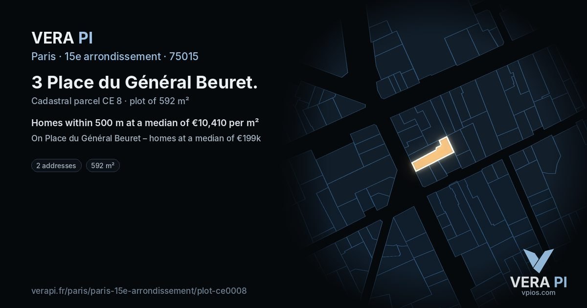 3 Place du Général Beuret, 15e arrondissement at night – the plot lit, the parcels around coloured by the prices near them
