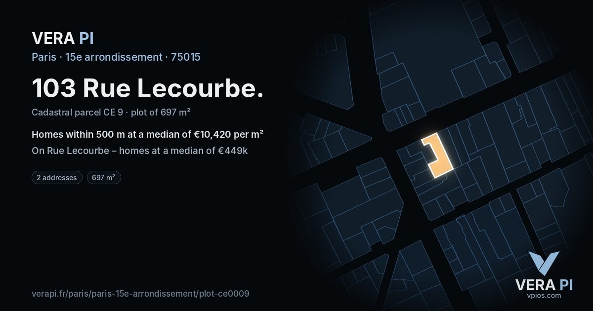 103 Rue Lecourbe, 15e arrondissement at night – the plot lit, the parcels around coloured by the prices near them