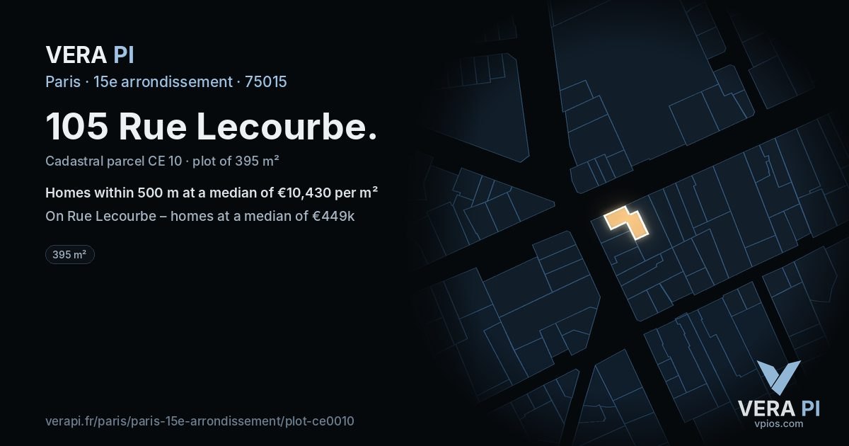 105 Rue Lecourbe, 15e arrondissement at night – the plot lit, the parcels around coloured by the prices near them