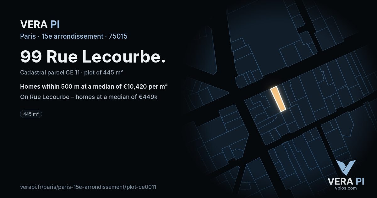 99 Rue Lecourbe, 15e arrondissement at night – the plot lit, the parcels around coloured by the prices near them