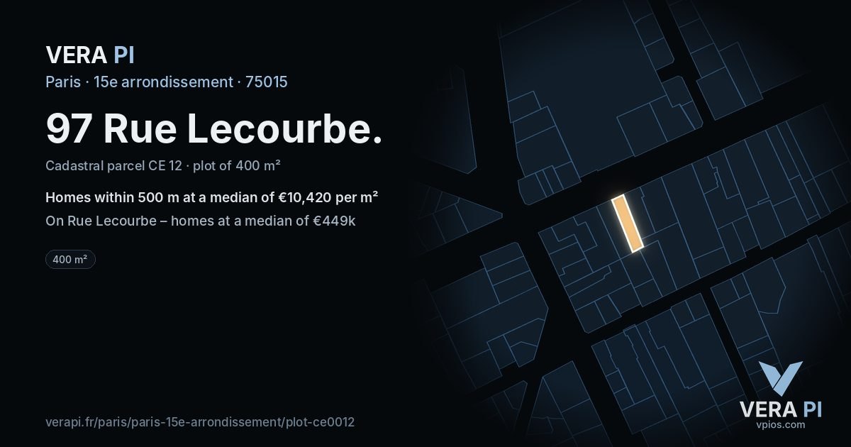 97 Rue Lecourbe, 15e arrondissement at night – the plot lit, the parcels around coloured by the prices near them