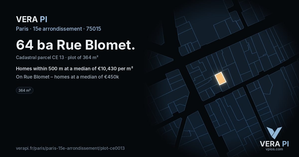 64 ba Rue Blomet, 15e arrondissement at night – the plot lit, the parcels around coloured by the prices near them