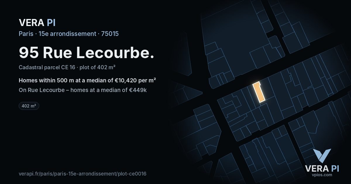 95 Rue Lecourbe, 15e arrondissement at night – the plot lit, the parcels around coloured by the prices near them
