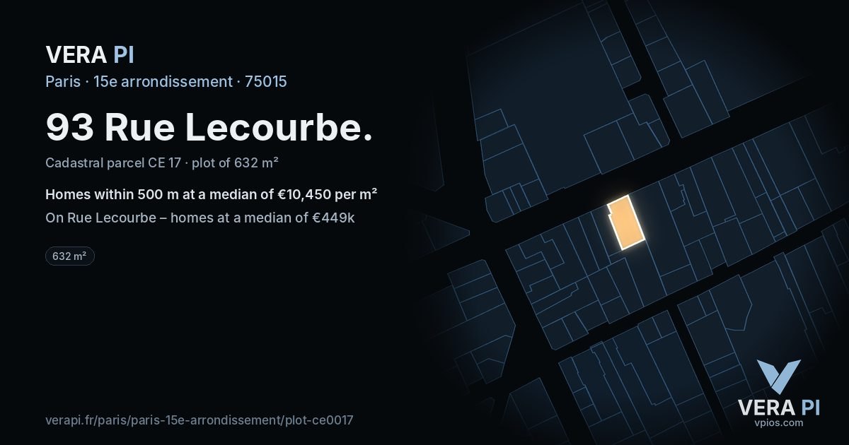 93 Rue Lecourbe, 15e arrondissement at night – the plot lit, the parcels around coloured by the prices near them