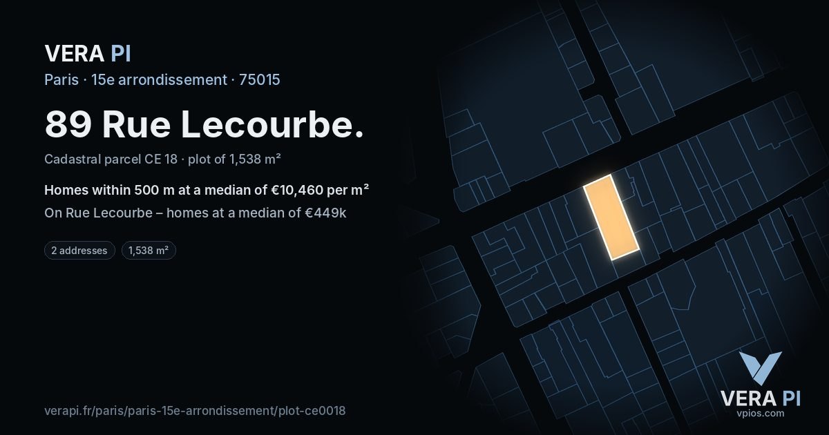 89 Rue Lecourbe, 15e arrondissement at night – the plot lit, the parcels around coloured by the prices near them