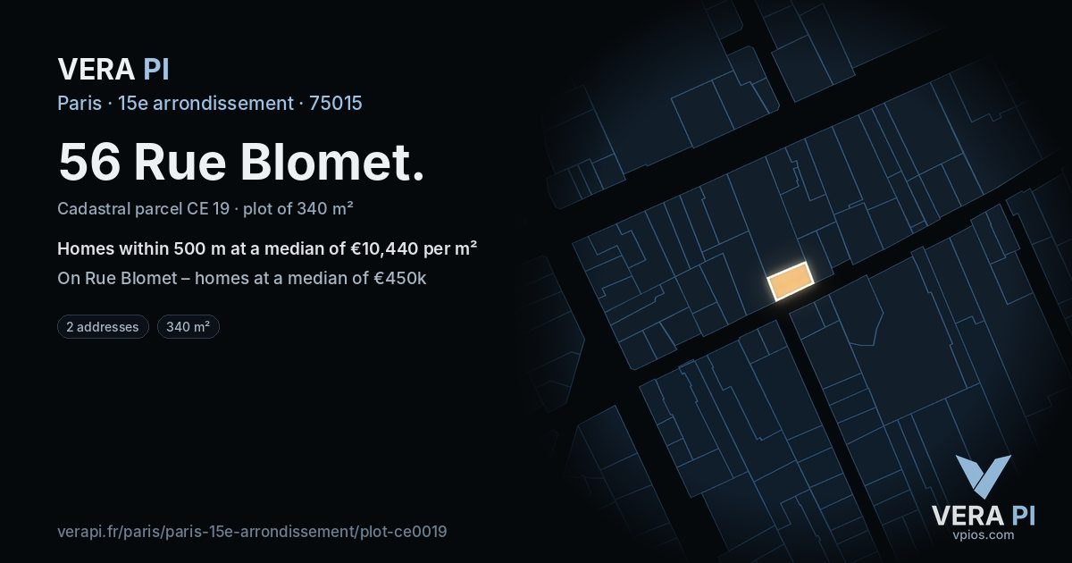 56 Rue Blomet, 15e arrondissement at night – the plot lit, the parcels around coloured by the prices near them