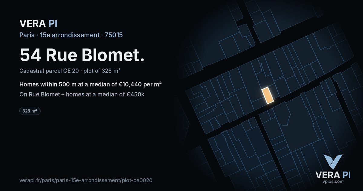 54 Rue Blomet, 15e arrondissement at night – the plot lit, the parcels around coloured by the prices near them