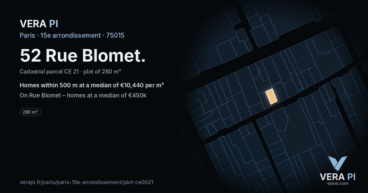 52 Rue Blomet, 15e arrondissement at night – the plot lit, the parcels around coloured by the prices near them