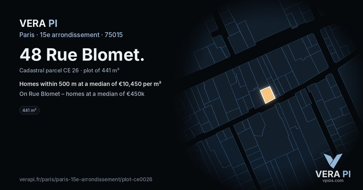 48 Rue Blomet, 15e arrondissement at night – the plot lit, the parcels around coloured by the prices near them