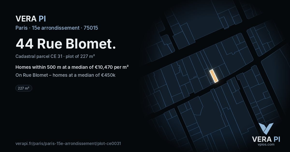 44 Rue Blomet, 15e arrondissement at night – the plot lit, the parcels around coloured by the prices near them