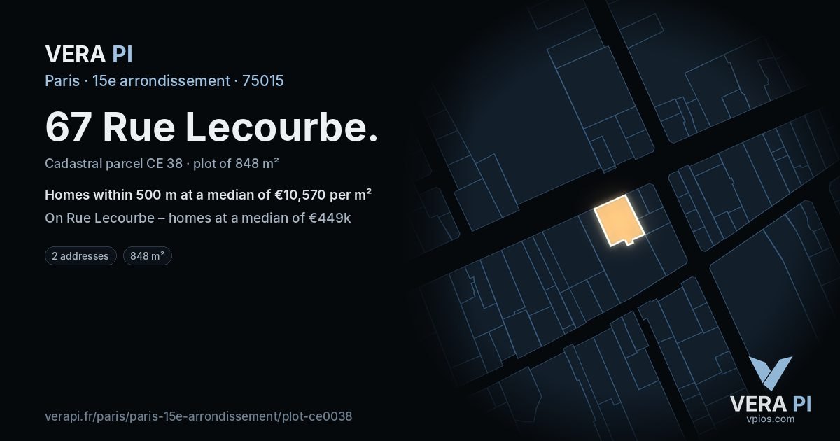 67 Rue Lecourbe, 15e arrondissement at night – the plot lit, the parcels around coloured by the prices near them