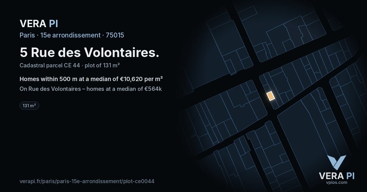 5 Rue des Volontaires, 15e arrondissement at night – the plot lit, the parcels around coloured by the prices near them