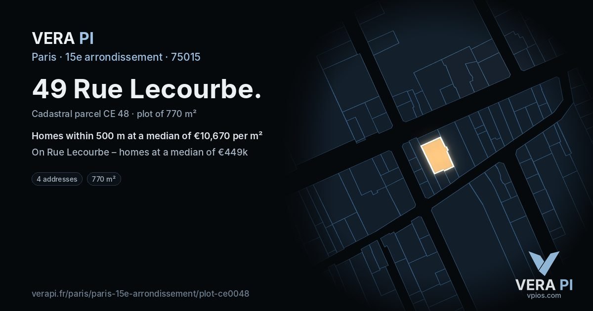 49 Rue Lecourbe, 15e arrondissement at night – the plot lit, the parcels around coloured by the prices near them