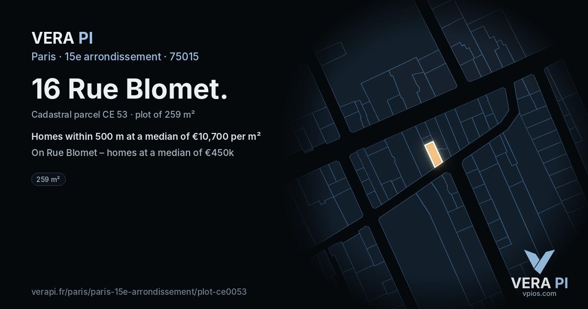 16 Rue Blomet, 15e arrondissement at night – the plot lit, the parcels around coloured by the prices near them