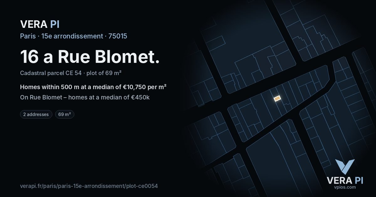 16 a Rue Blomet, 15e arrondissement at night – the plot lit, the parcels around coloured by the prices near them