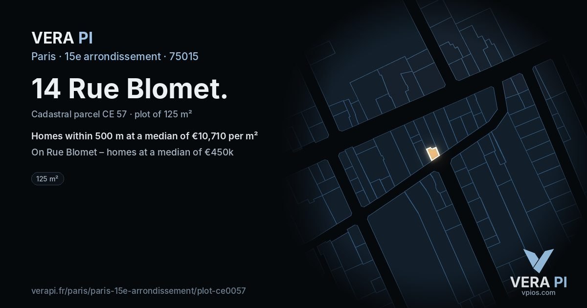 14 Rue Blomet, 15e arrondissement at night – the plot lit, the parcels around coloured by the prices near them