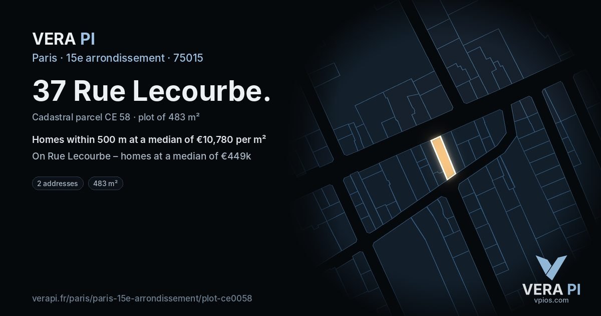 37 Rue Lecourbe, 15e arrondissement at night – the plot lit, the parcels around coloured by the prices near them
