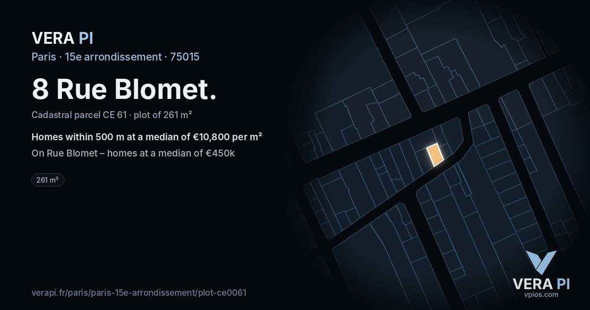 8 Rue Blomet, 15e arrondissement at night – the plot lit, the parcels around coloured by the prices near them