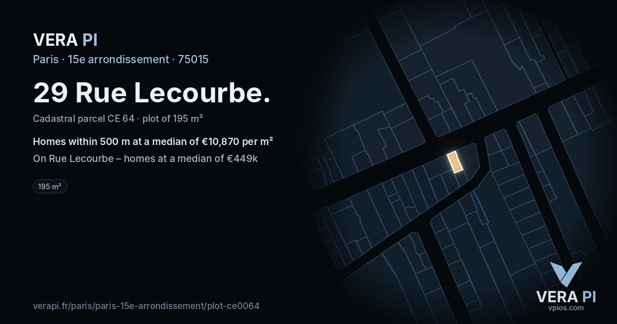 29 Rue Lecourbe, 15e arrondissement at night – the plot lit, the parcels around coloured by the prices near them