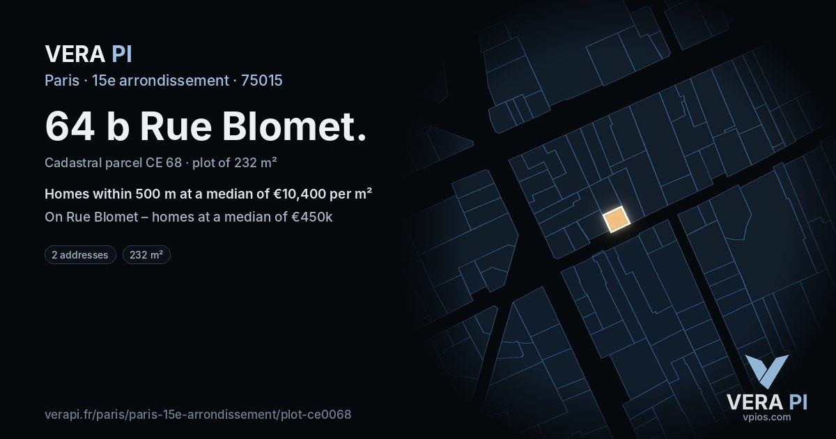 64 b Rue Blomet, 15e arrondissement at night – the plot lit, the parcels around coloured by the prices near them
