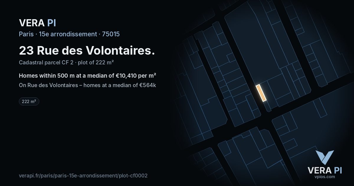 23 Rue des Volontaires, 15e arrondissement at night – the plot lit, the parcels around coloured by the prices near them