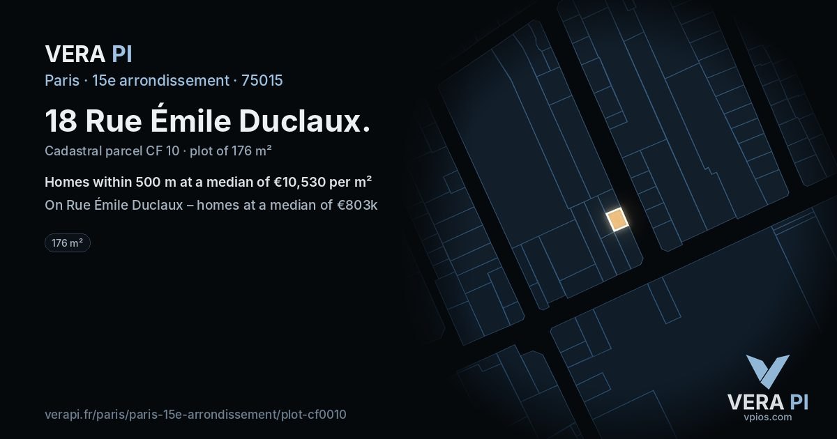 18 Rue Émile Duclaux, 15e arrondissement at night – the plot lit, the parcels around coloured by the prices near them