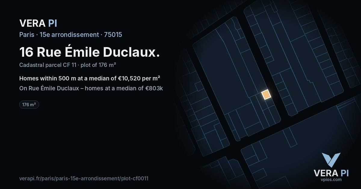 16 Rue Émile Duclaux, 15e arrondissement at night – the plot lit, the parcels around coloured by the prices near them