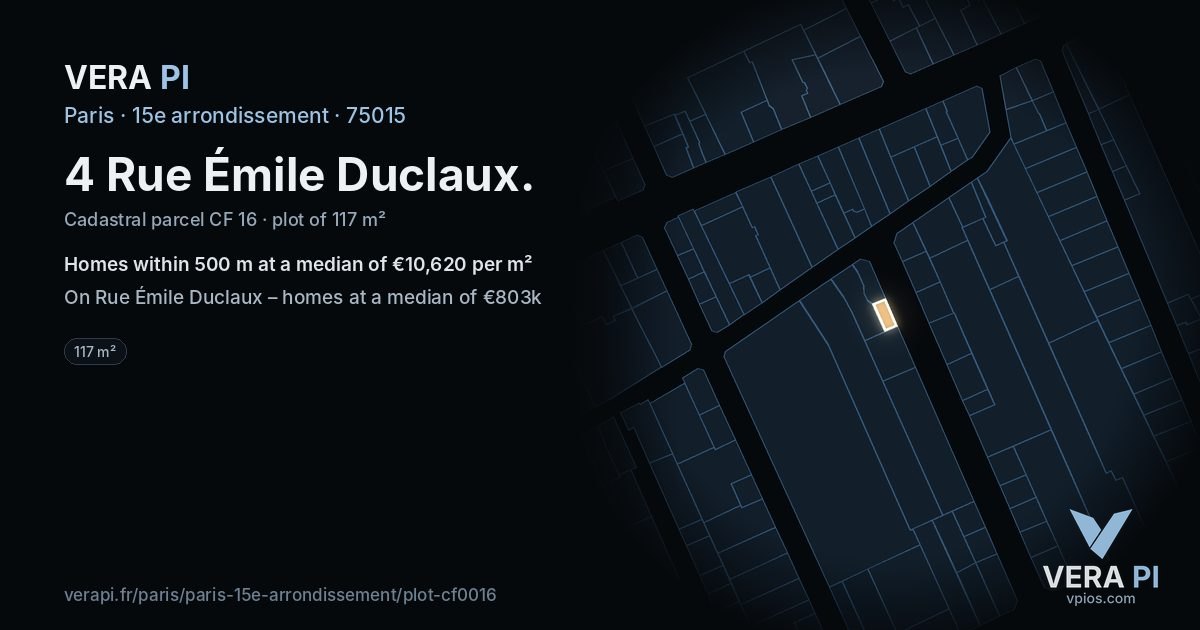 4 Rue Émile Duclaux, 15e arrondissement at night – the plot lit, the parcels around coloured by the prices near them