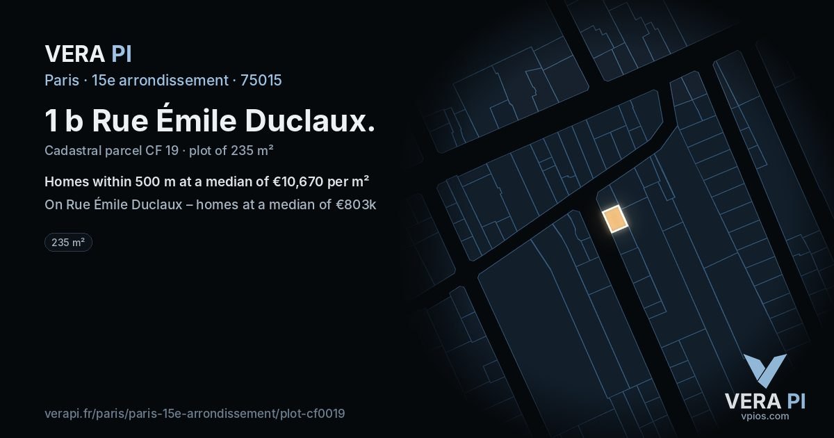 1 b Rue Émile Duclaux, 15e arrondissement at night – the plot lit, the parcels around coloured by the prices near them