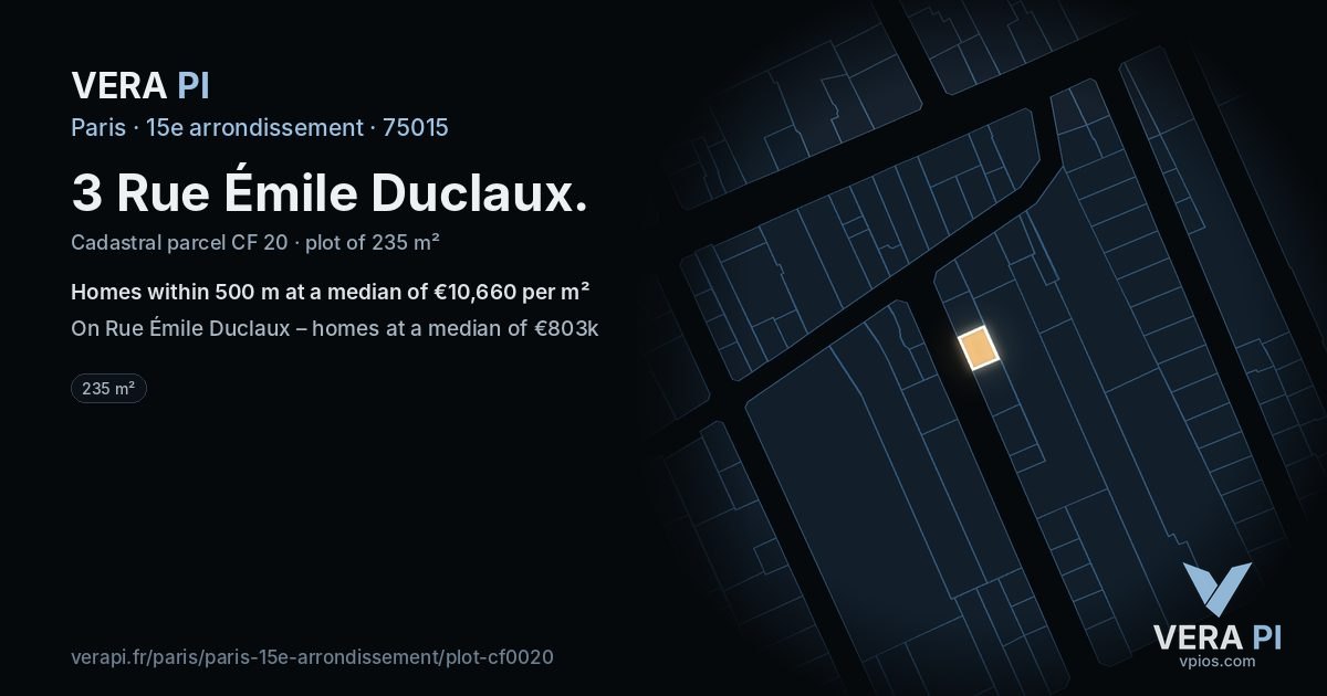 3 Rue Émile Duclaux, 15e arrondissement at night – the plot lit, the parcels around coloured by the prices near them