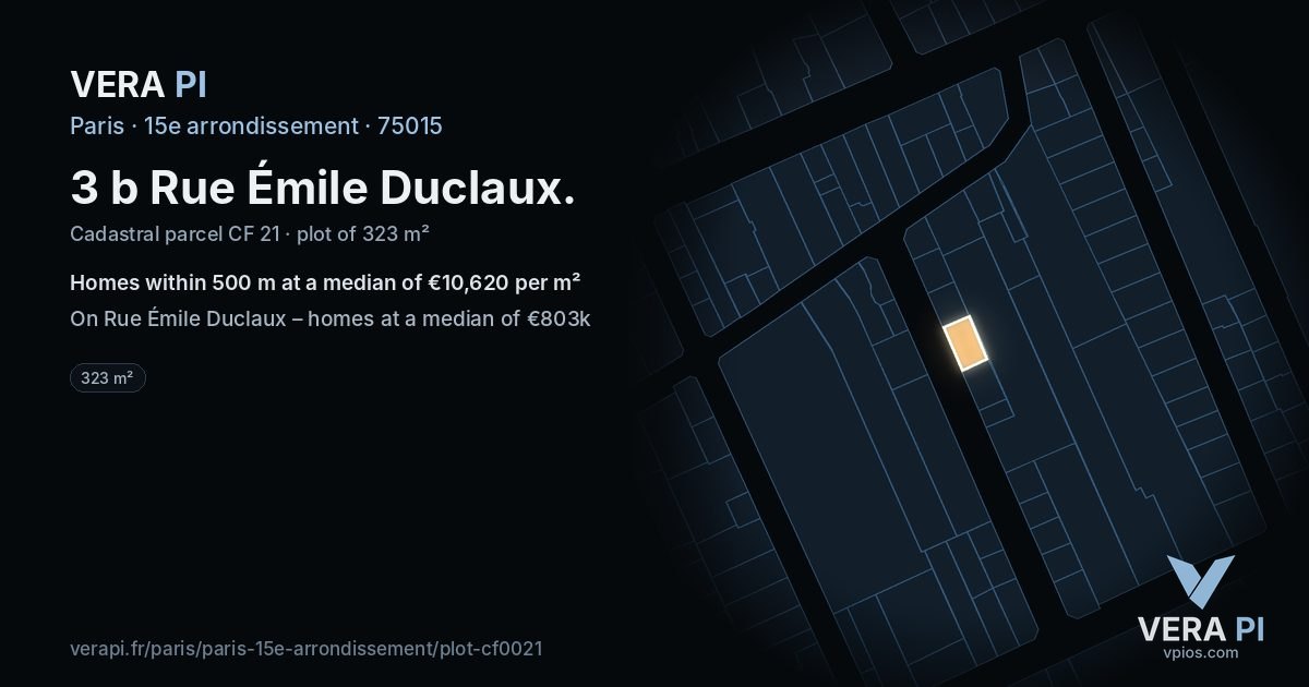 3 b Rue Émile Duclaux, 15e arrondissement at night – the plot lit, the parcels around coloured by the prices near them