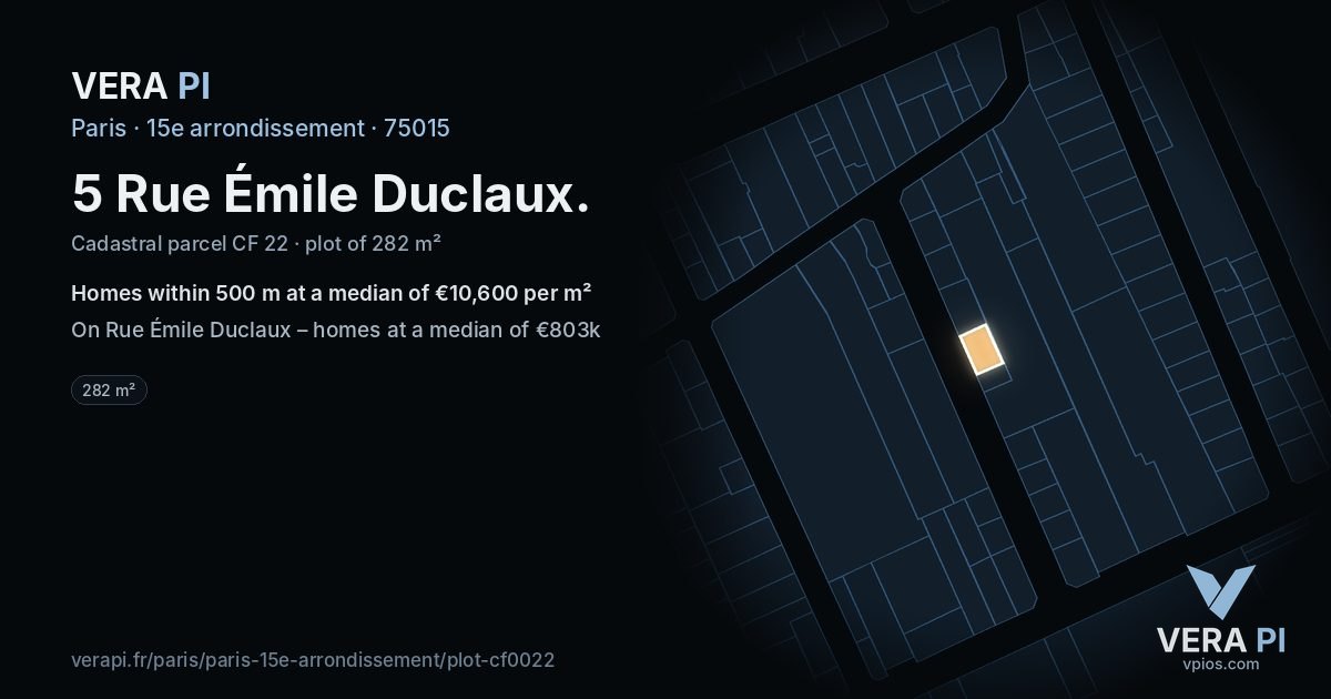 5 Rue Émile Duclaux, 15e arrondissement at night – the plot lit, the parcels around coloured by the prices near them