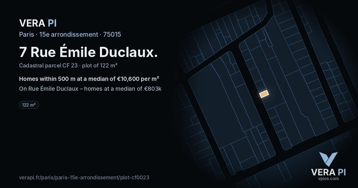 7 Rue Émile Duclaux, 15e arrondissement at night – the plot lit, the parcels around coloured by the prices near them