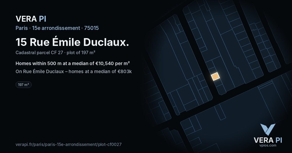 15 Rue Émile Duclaux, 15e arrondissement at night – the plot lit, the parcels around coloured by the prices near them