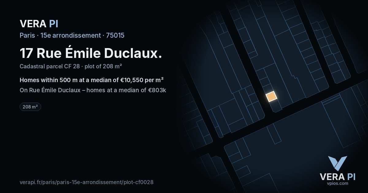 17 Rue Émile Duclaux, 15e arrondissement at night – the plot lit, the parcels around coloured by the prices near them