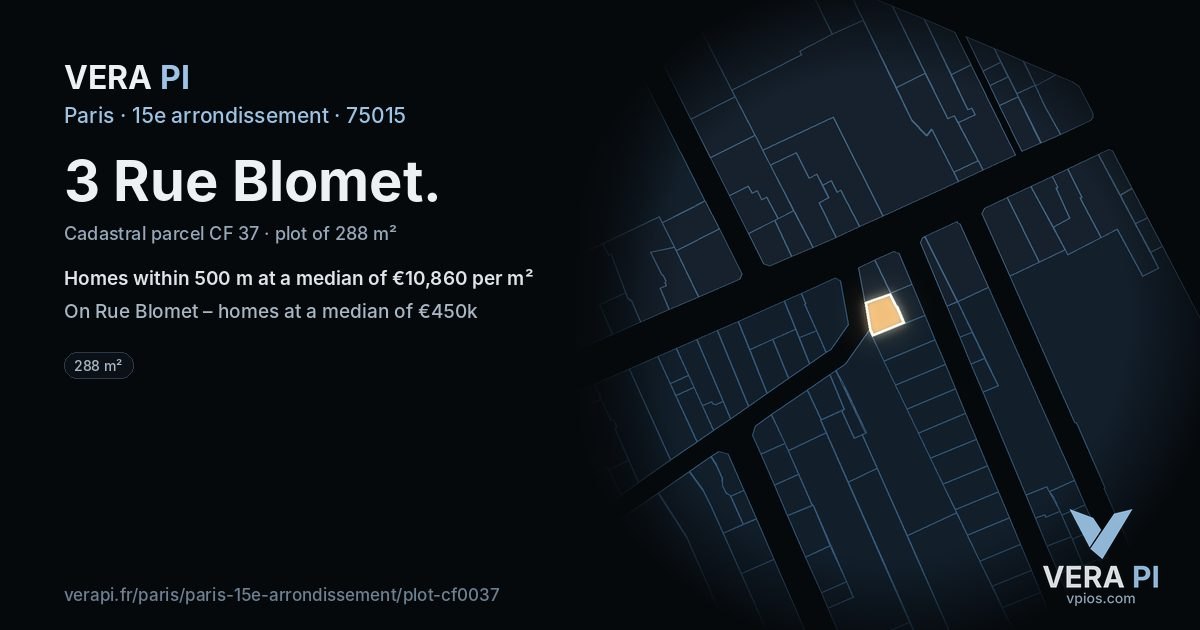 3 Rue Blomet, 15e arrondissement at night – the plot lit, the parcels around coloured by the prices near them