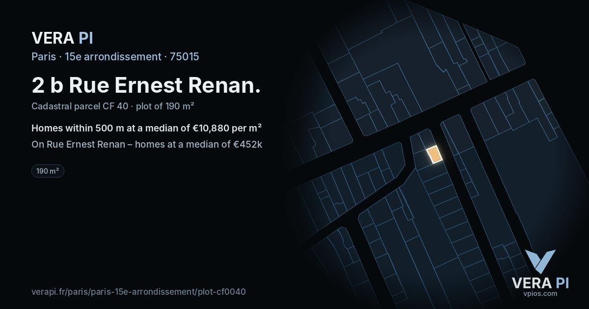2 b Rue Ernest Renan, 15e arrondissement at night – the plot lit, the parcels around coloured by the prices near them