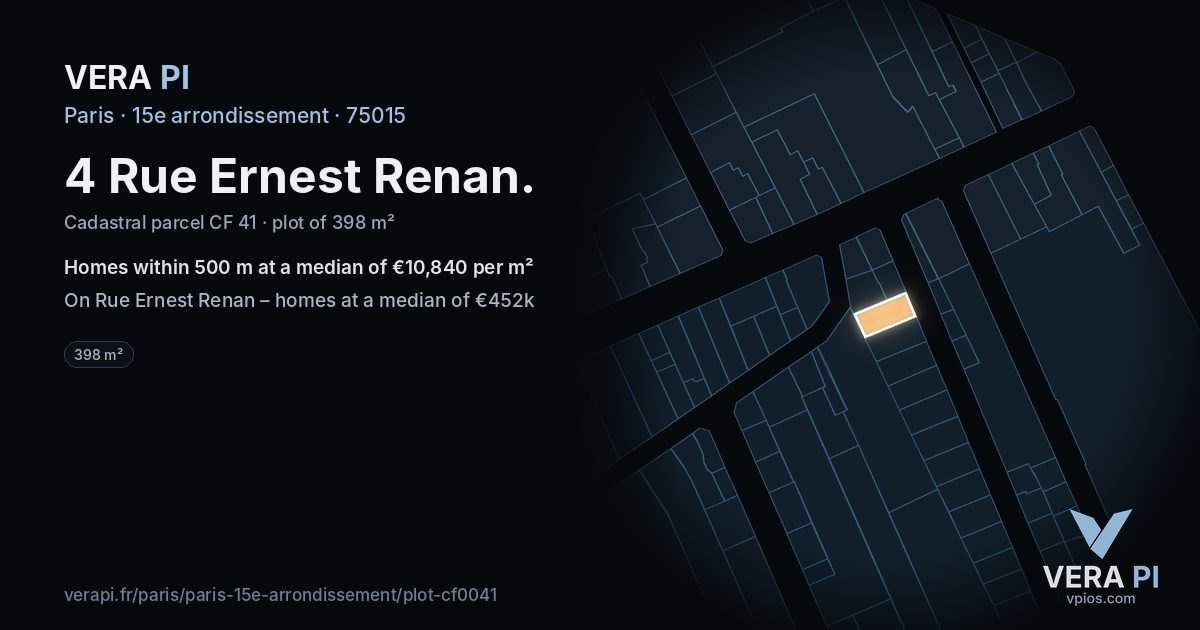 4 Rue Ernest Renan, 15e arrondissement at night – the plot lit, the parcels around coloured by the prices near them