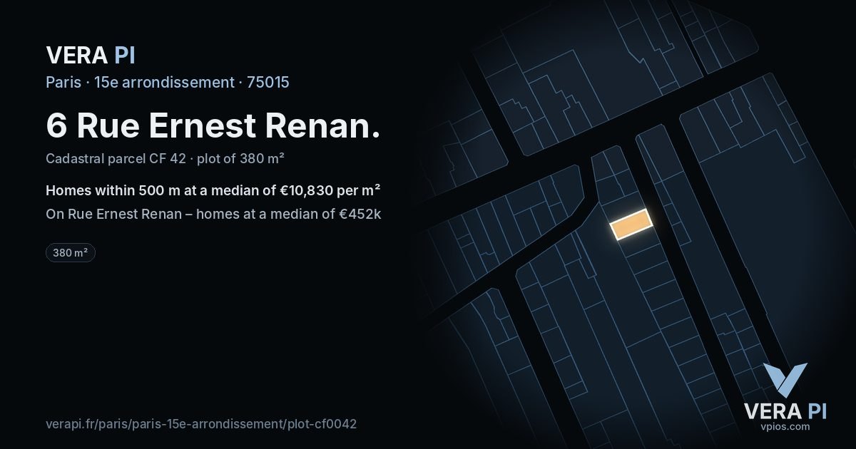 6 Rue Ernest Renan, 15e arrondissement at night – the plot lit, the parcels around coloured by the prices near them