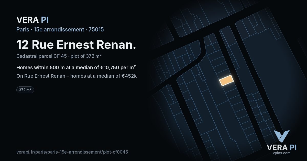 12 Rue Ernest Renan, 15e arrondissement at night – the plot lit, the parcels around coloured by the prices near them