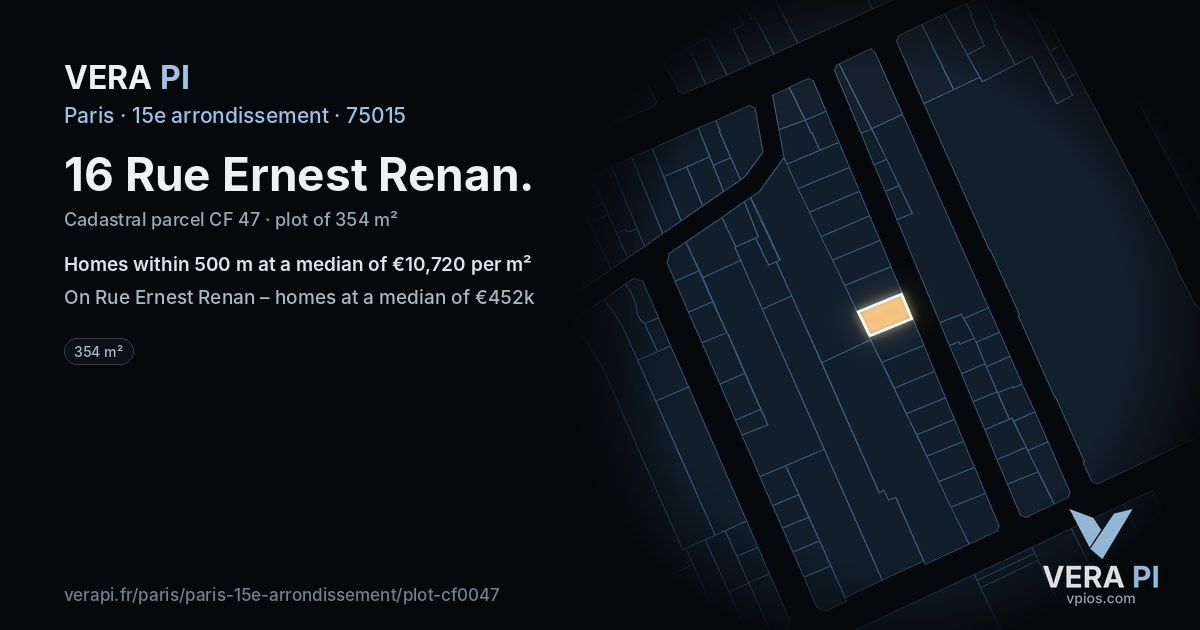 16 Rue Ernest Renan, 15e arrondissement at night – the plot lit, the parcels around coloured by the prices near them