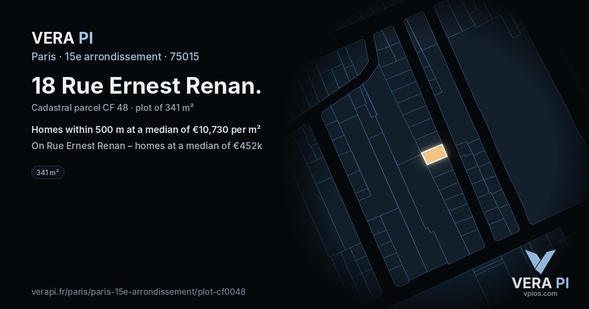 18 Rue Ernest Renan, 15e arrondissement at night – the plot lit, the parcels around coloured by the prices near them