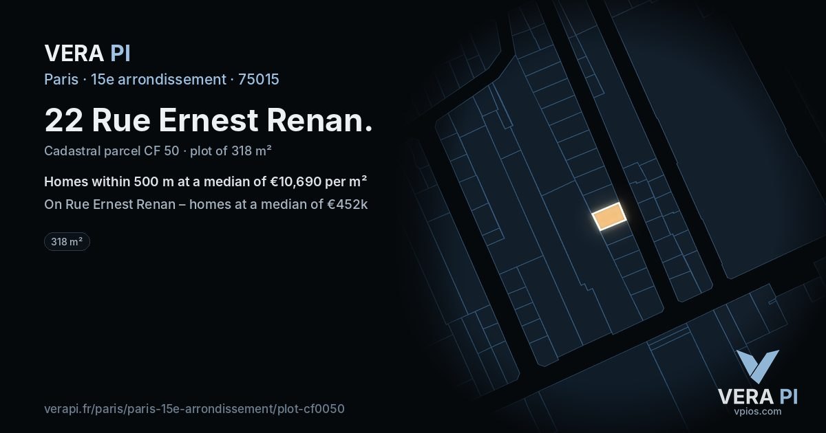 22 Rue Ernest Renan, 15e arrondissement at night – the plot lit, the parcels around coloured by the prices near them