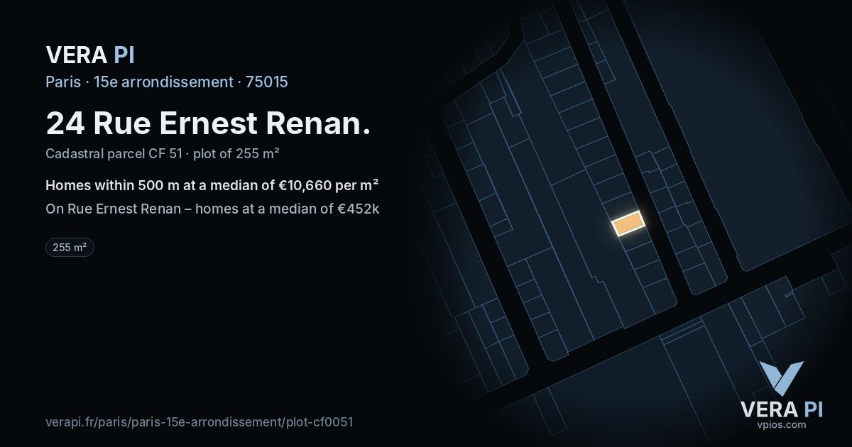24 Rue Ernest Renan, 15e arrondissement at night – the plot lit, the parcels around coloured by the prices near them