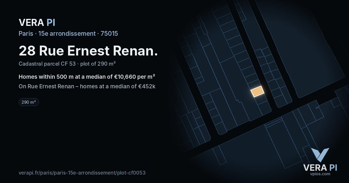 28 Rue Ernest Renan, 15e arrondissement at night – the plot lit, the parcels around coloured by the prices near them