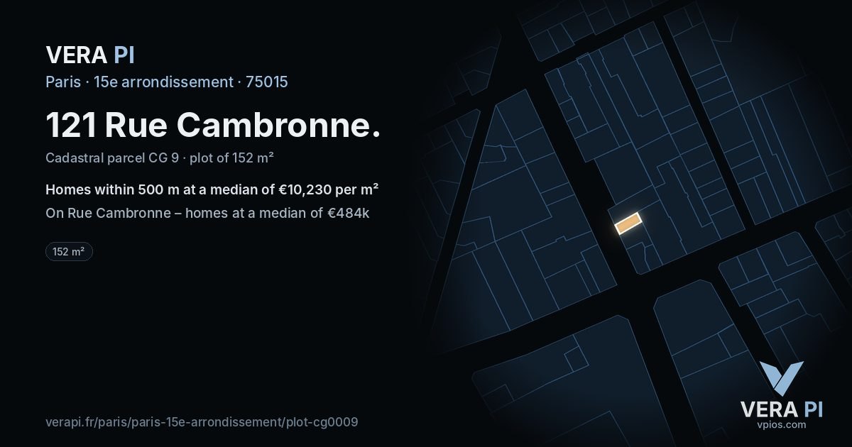 121 Rue Cambronne, 15e arrondissement at night – the plot lit, the parcels around coloured by the prices near them
