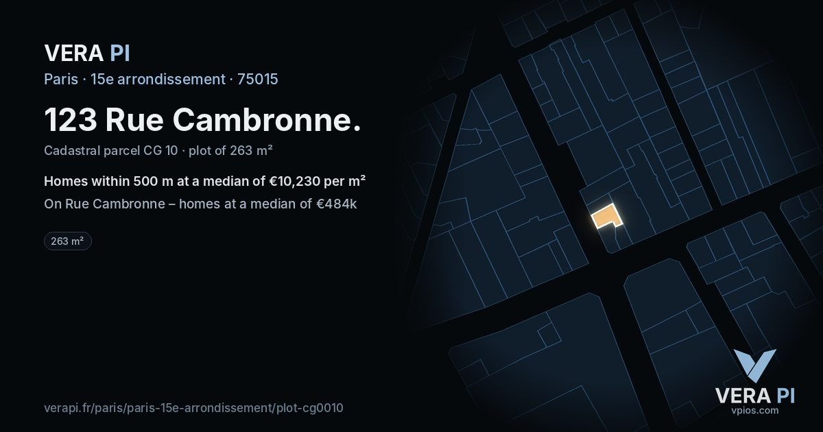 123 Rue Cambronne, 15e arrondissement at night – the plot lit, the parcels around coloured by the prices near them