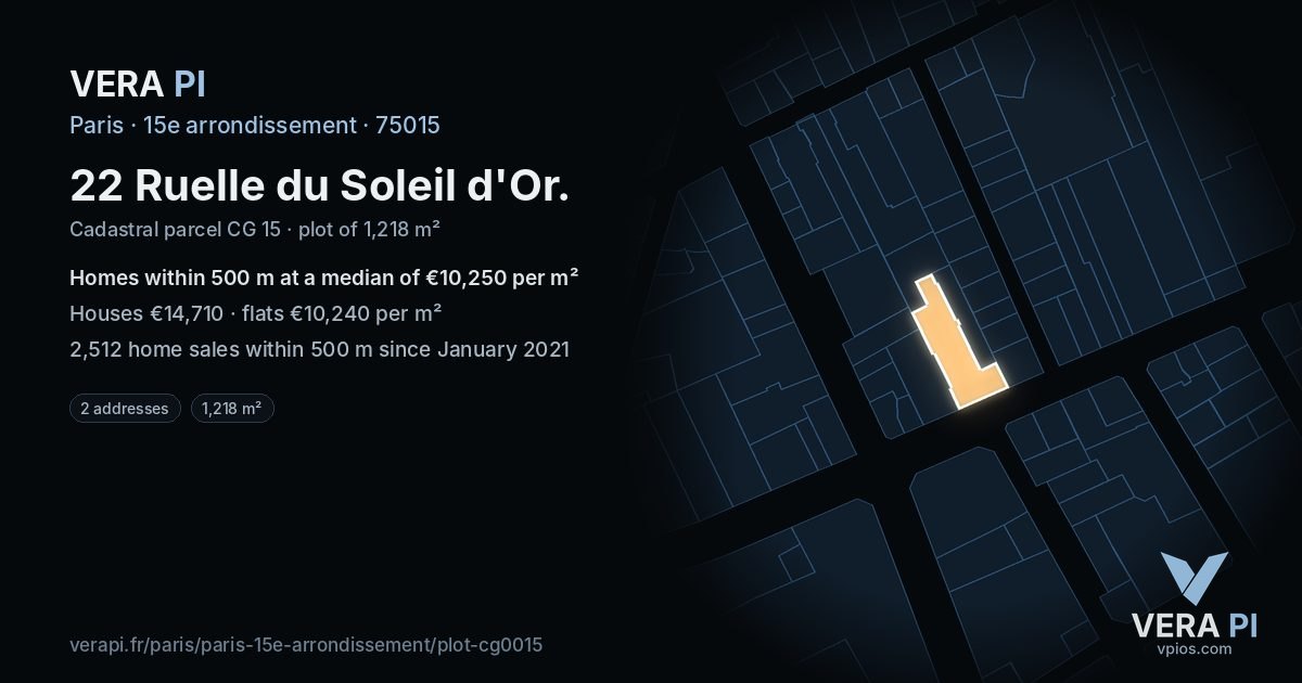 22 Ruelle du Soleil d'Or, 15e arrondissement at night – the plot lit, the parcels around coloured by the prices near them