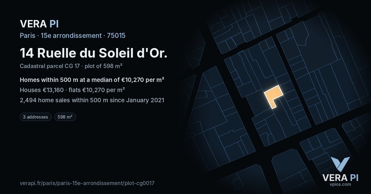 14 Ruelle du Soleil d'Or, 15e arrondissement at night – the plot lit, the parcels around coloured by the prices near them
